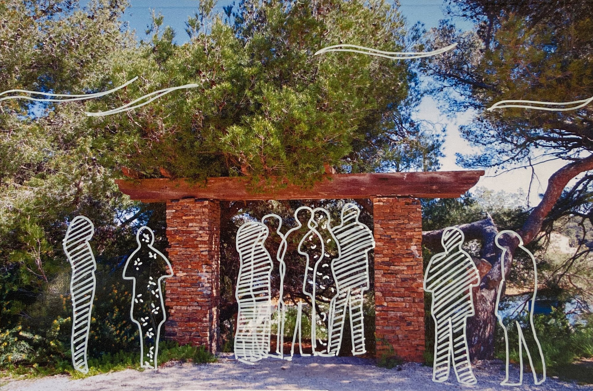 Passages : silhouettes dessinées au trait blanc devant un portail de briques