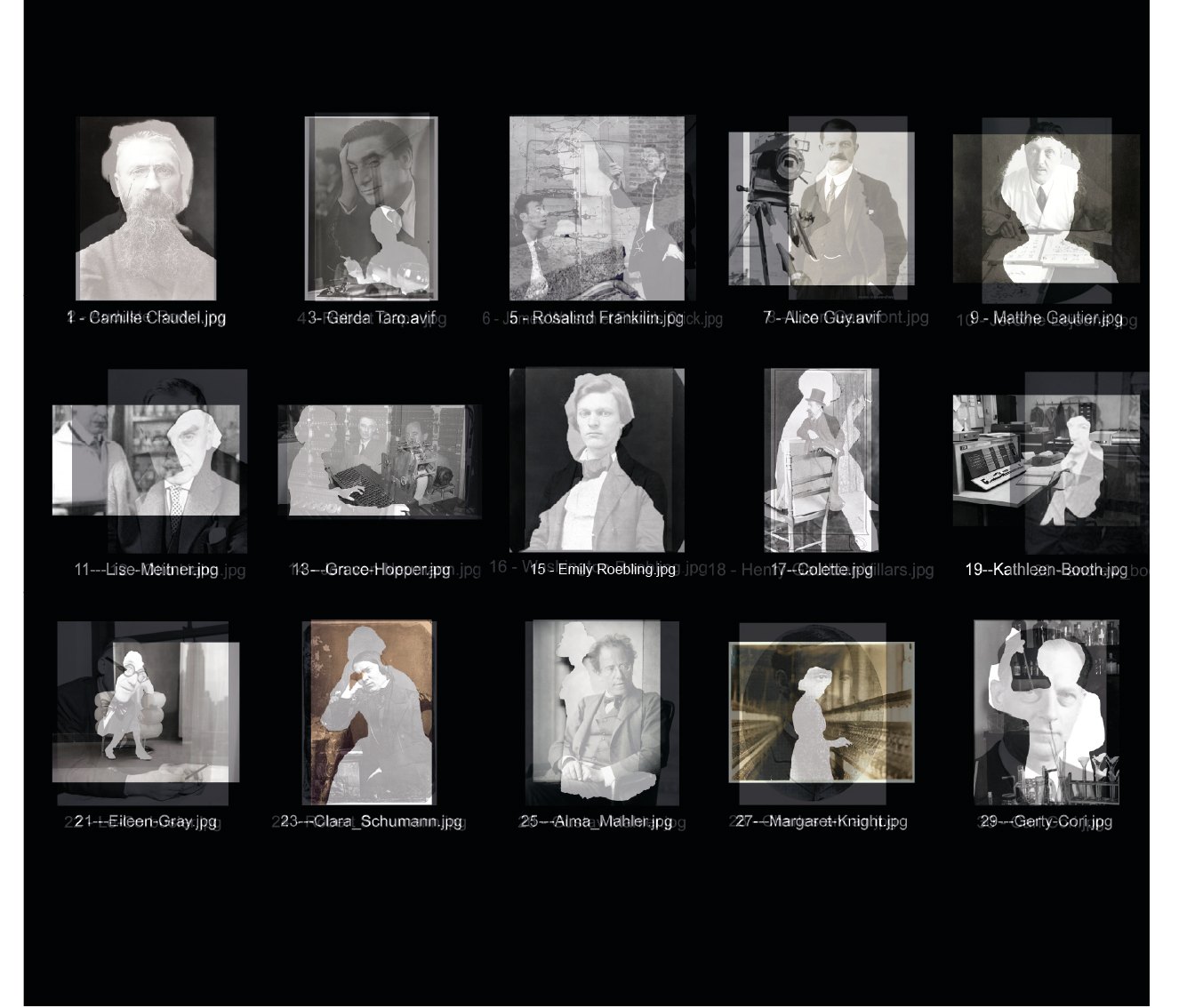 Planche contact : portraits d'hommes retenus par l'Histoire, dans lesquels transparaît la silhouette de la femme effacée